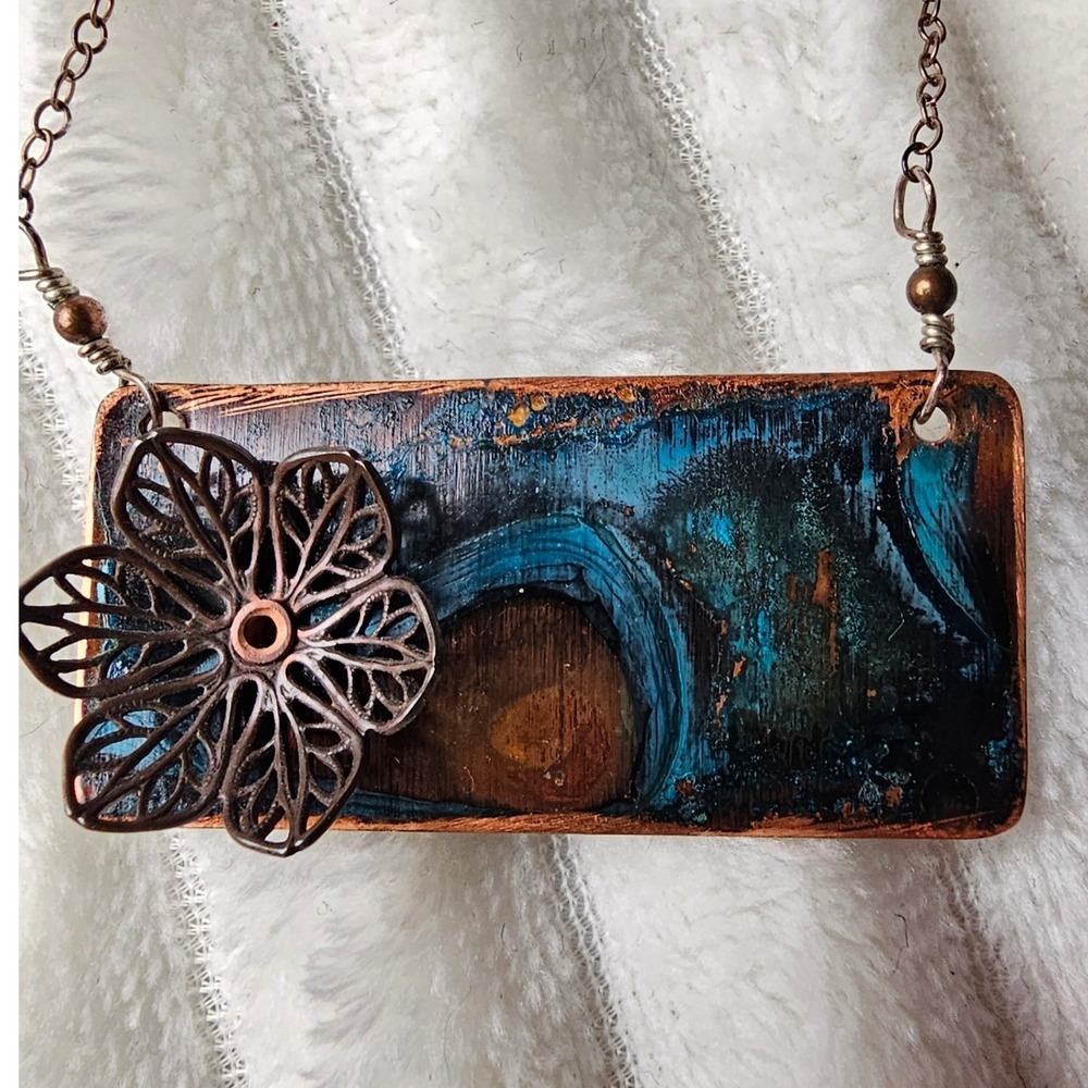 Handmade Artisan Mixed Metal Flower Pendant Necklace Blue Copper Tone Boho
